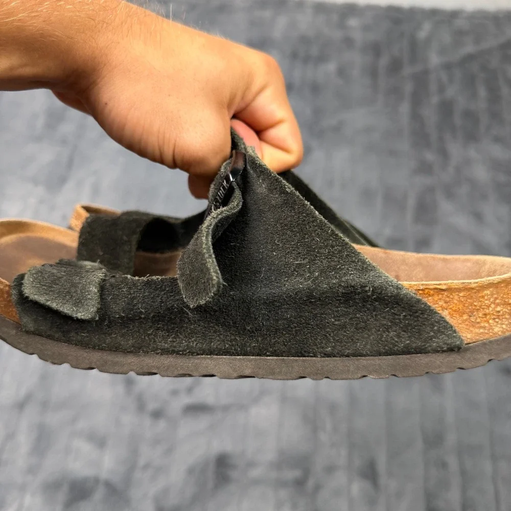 Birkenstock Arizona Sandals 41 Black Suede Double Strap Cork Slides